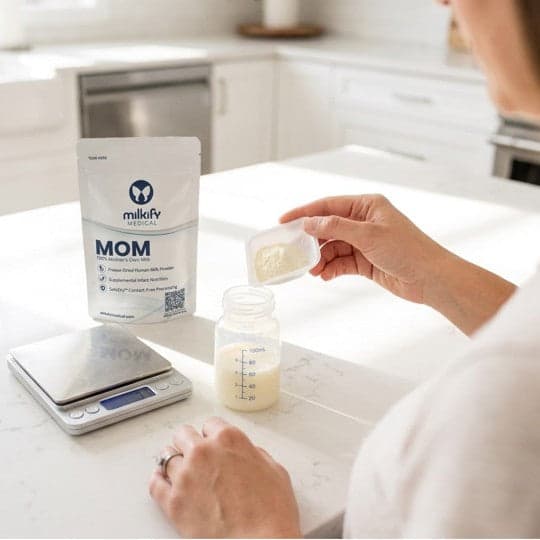 A parent measuring freeze-dried Mom's Own Milk powder on a small scale next to a bottle of expressed milk and a Milkify Medical MOM pouch